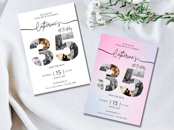 35th Birthday Invitation Template, Editable Digital Invite, Instant Download, Photo Collage 35, Pink & White Backgrounds, Canva Template - Image 3