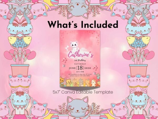 Cute Cat Birthday Invitation Template - Editable Kitty Party Invite, Pink Paw‑ty Printable, Kawaii Cat Theme, Personalized Digital Download - Image 3