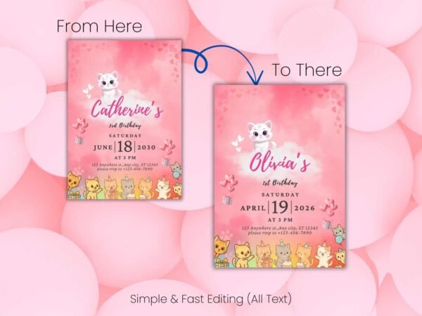 Cute Cat Birthday Invitation Template - Editable Kitty Party Invite, Pink Paw‑ty Printable, Kawaii Cat Theme, Personalized Digital Download - Image 6