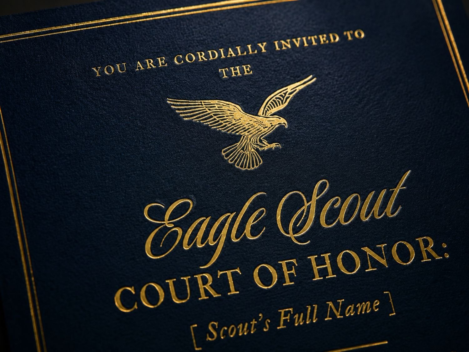 Close-up of gold on navy Eagle Scout Court of Honor invitation template detail
