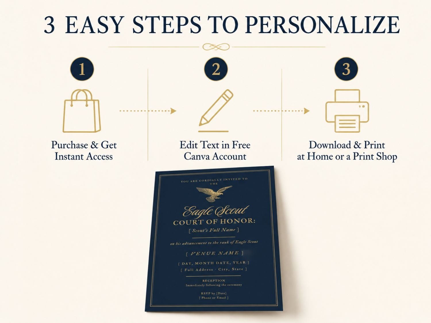 Three easy steps to personalize the Eagle Scout Court of Honor invitation template in Canva