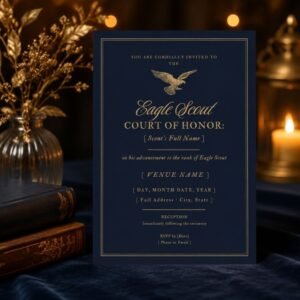 Navy and gold Eagle Scout Court of Honor ceremony invitation, editable printable 5x7
