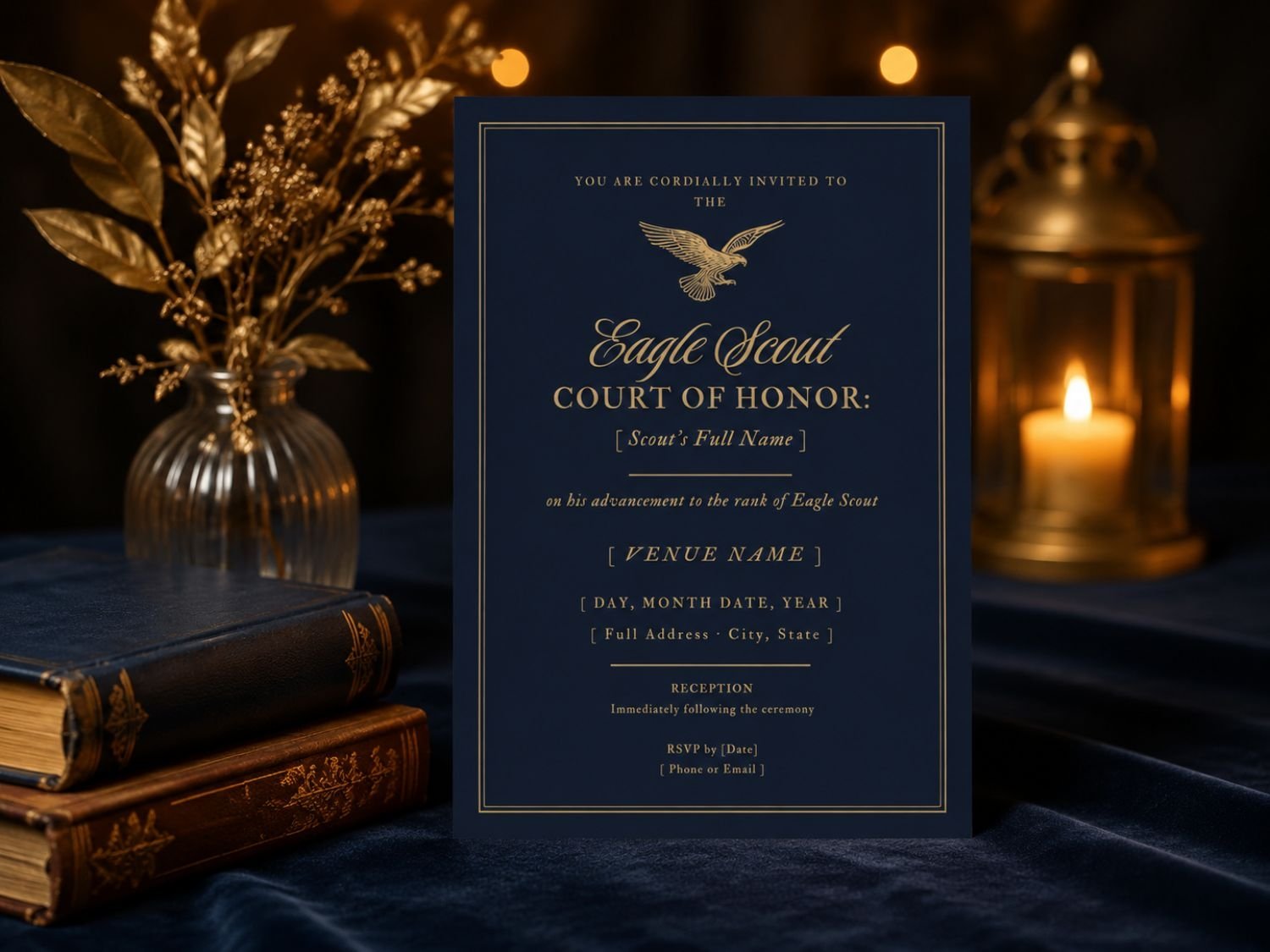 Navy and gold Eagle Scout Court of Honor ceremony invitation, editable printable 5x7
