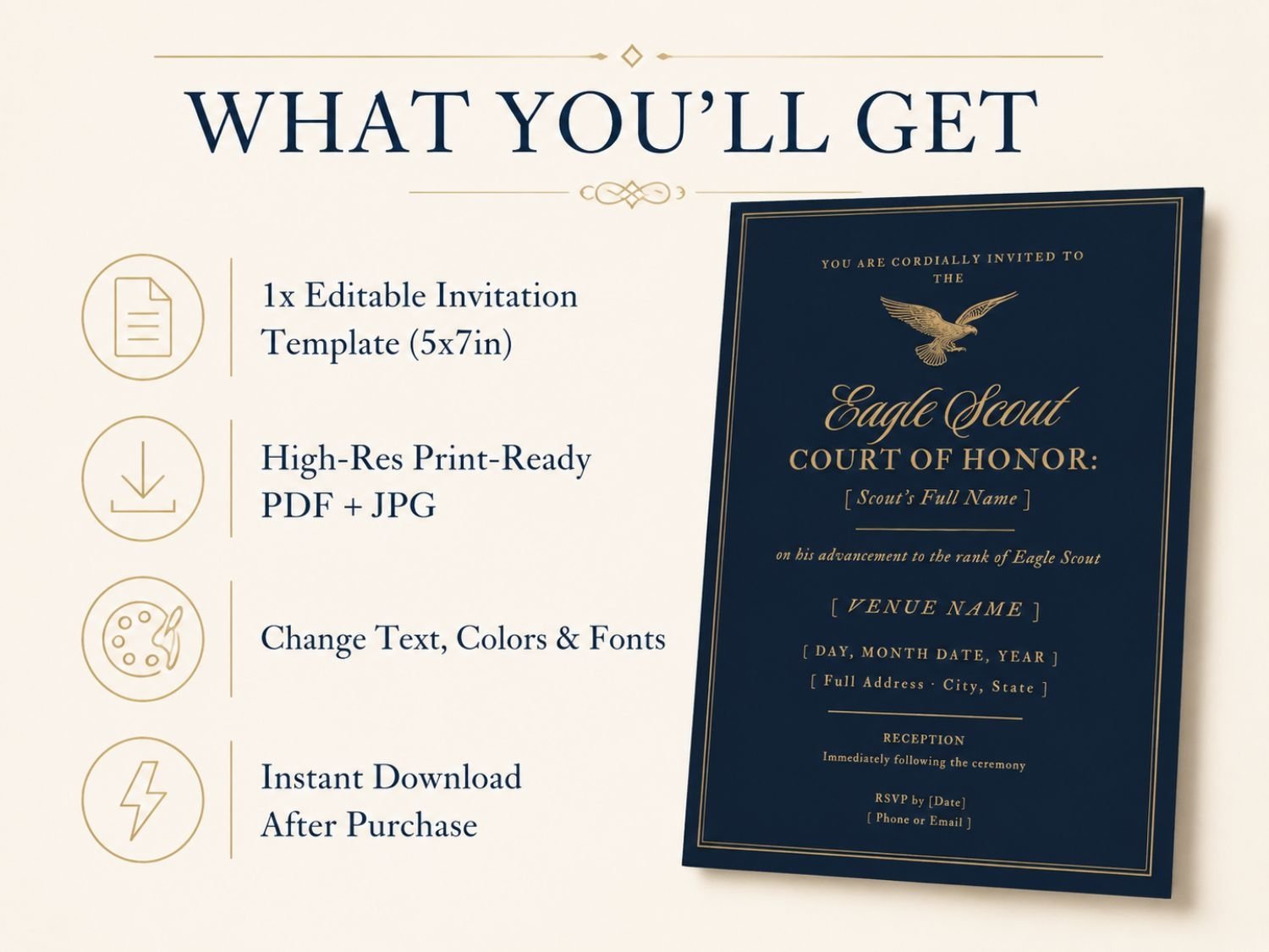 What is included: editable Eagle Scout Court of Honor invitation, print-ready PDF and JPG, instant download
